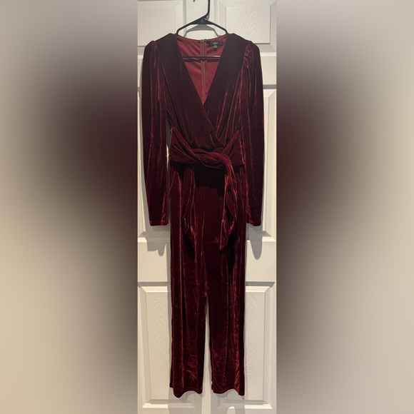 Lulus Feeling Festive Burgundy Velvet Surplice Long Sleeve Jumpsuit Holiday S - Picture 2 of 11